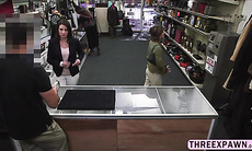 Sexy amateur wife gets saved in a pawn shop when her husband is annoying