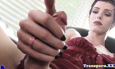 Short haired trans in lingerie masturbating