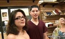Amateur brunette flashing her hot boobs for cash in a store